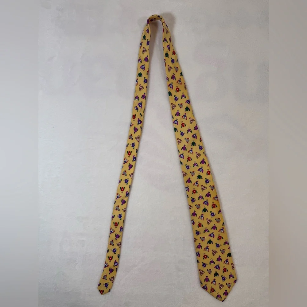 VINTAGE Alynn Neckwear Tie Necktie Yellow Racing Colors Jockey 1994 90s USA Mens